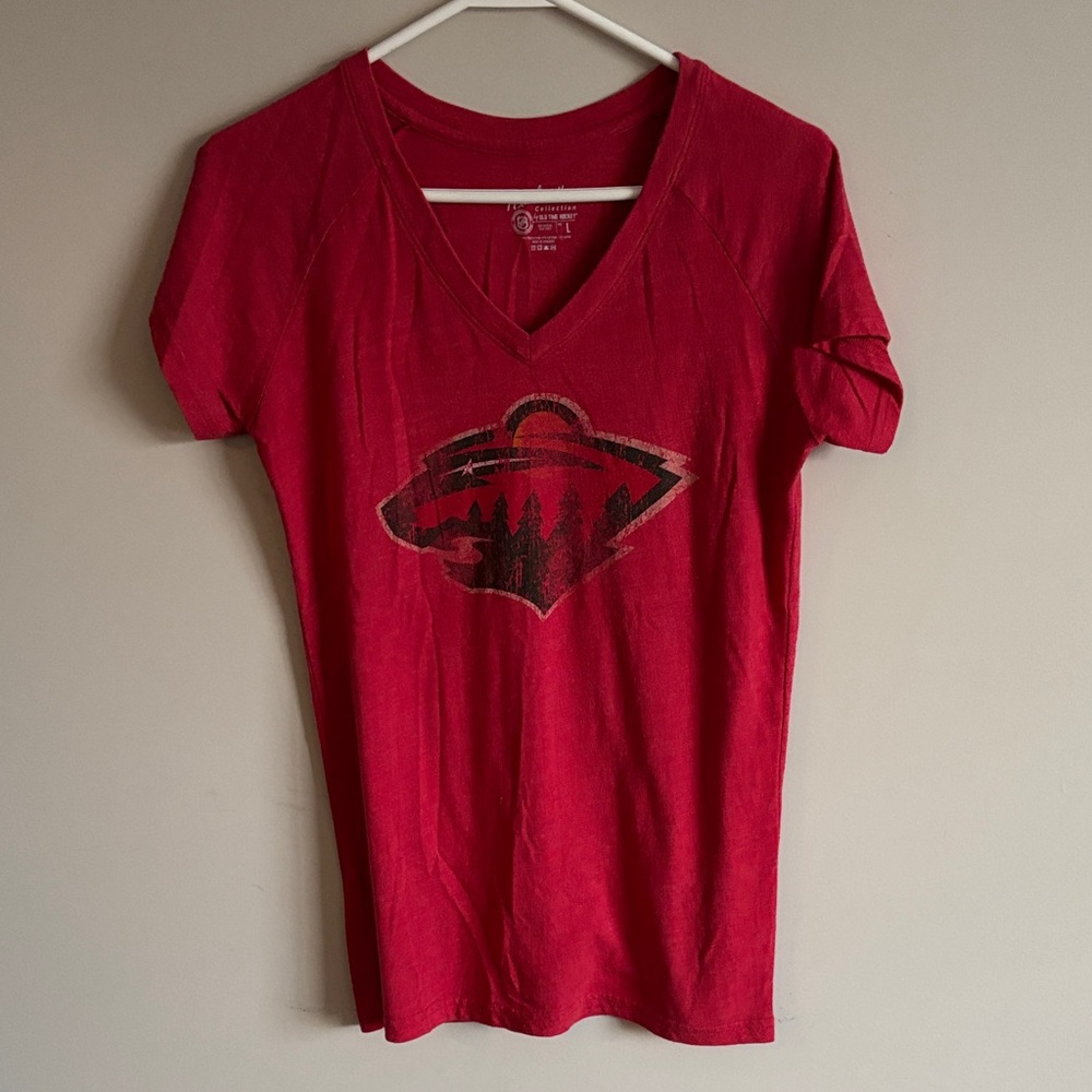 Women’s Minnesota Wild Red V-Neck Graphic Tee with Team Logo